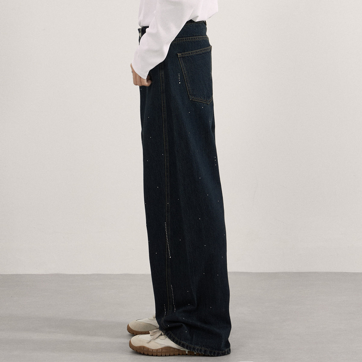 Embellished Dark Blue High Waist Wide Leg Jeans