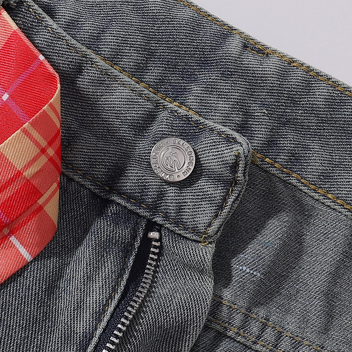 Plaid Trim Star Patched Wide Leg Denim Jeans