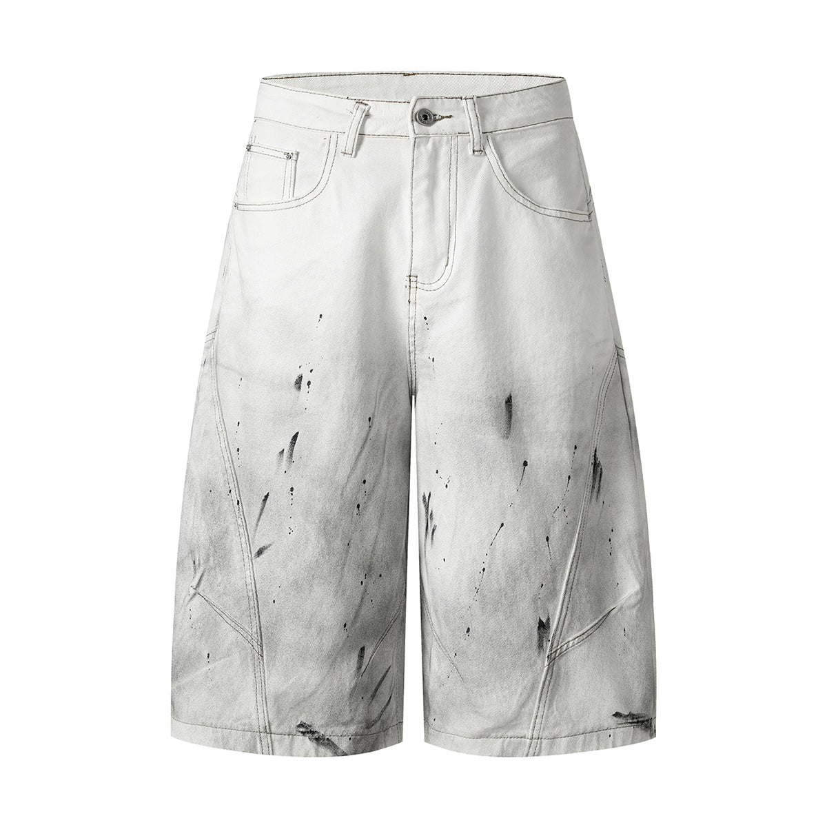 Ink-splatter Barrel Leg Denim Shorts
