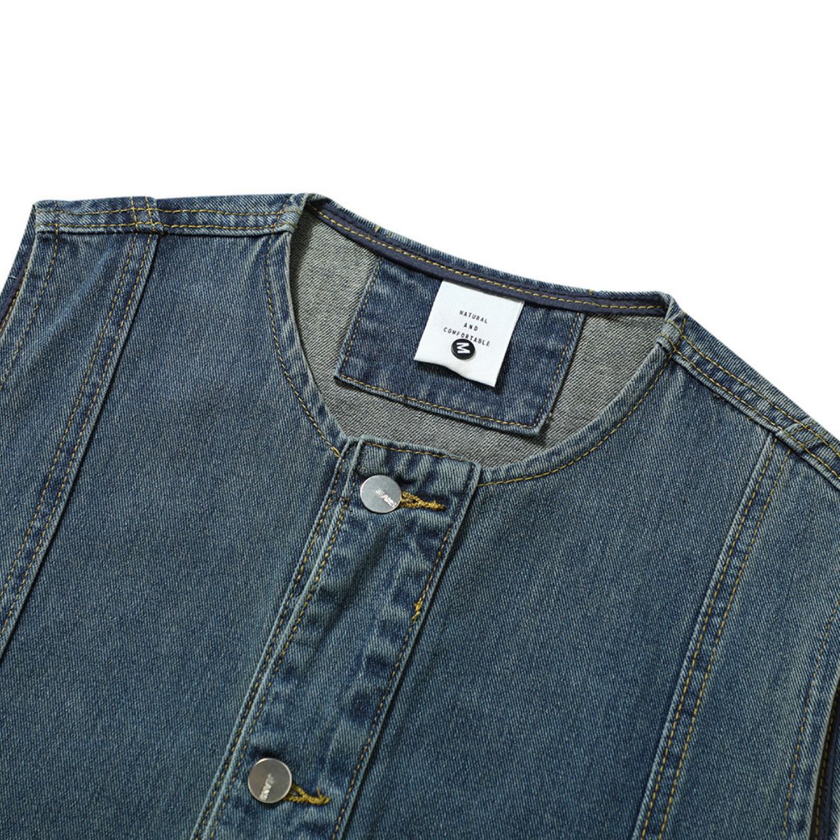 Crew Neck Button-Front Denim Vest