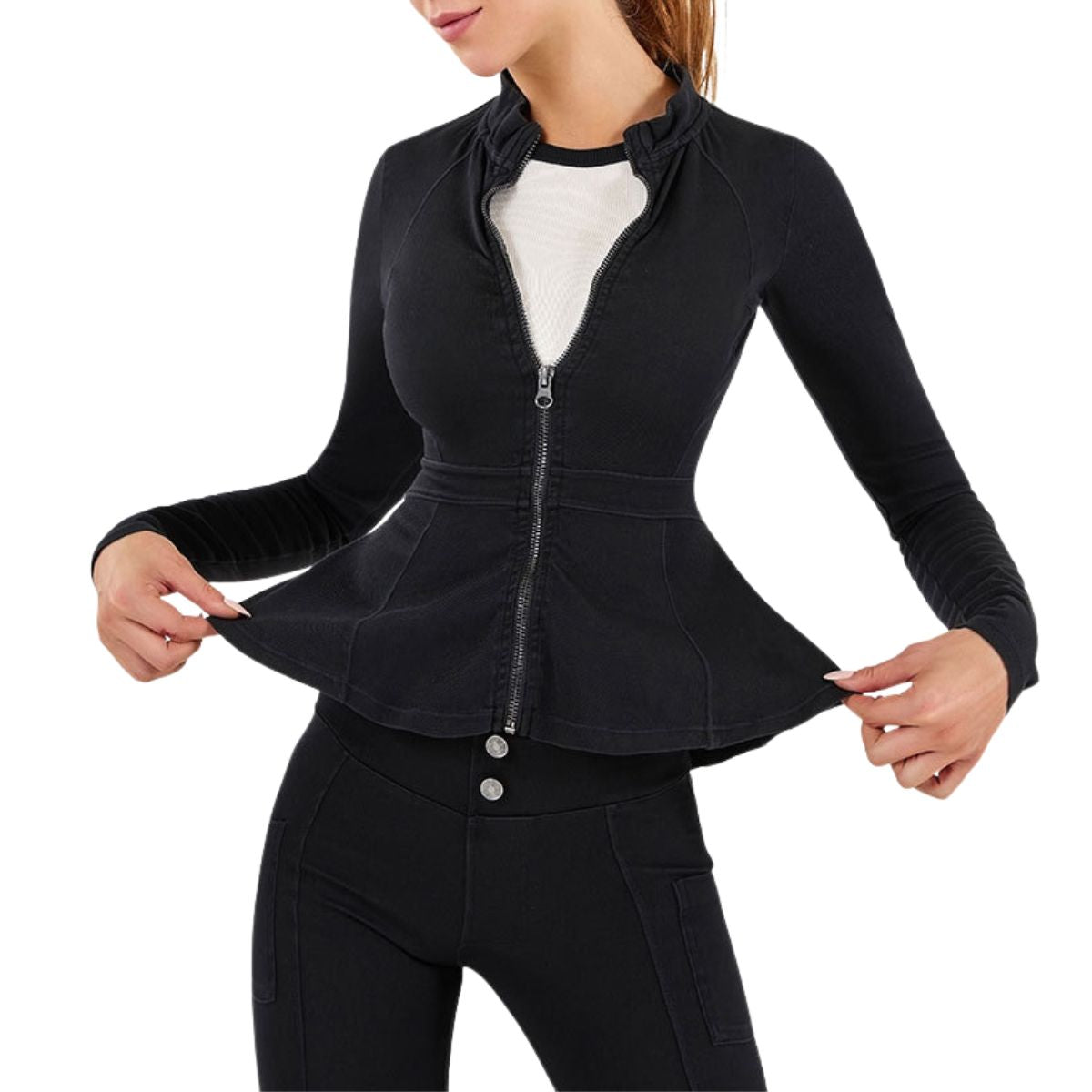 Zip-Front Washed Knit Denim Peplum Jacket