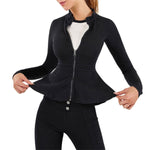 Zip-Front Washed Knit Denim Peplum Jacket