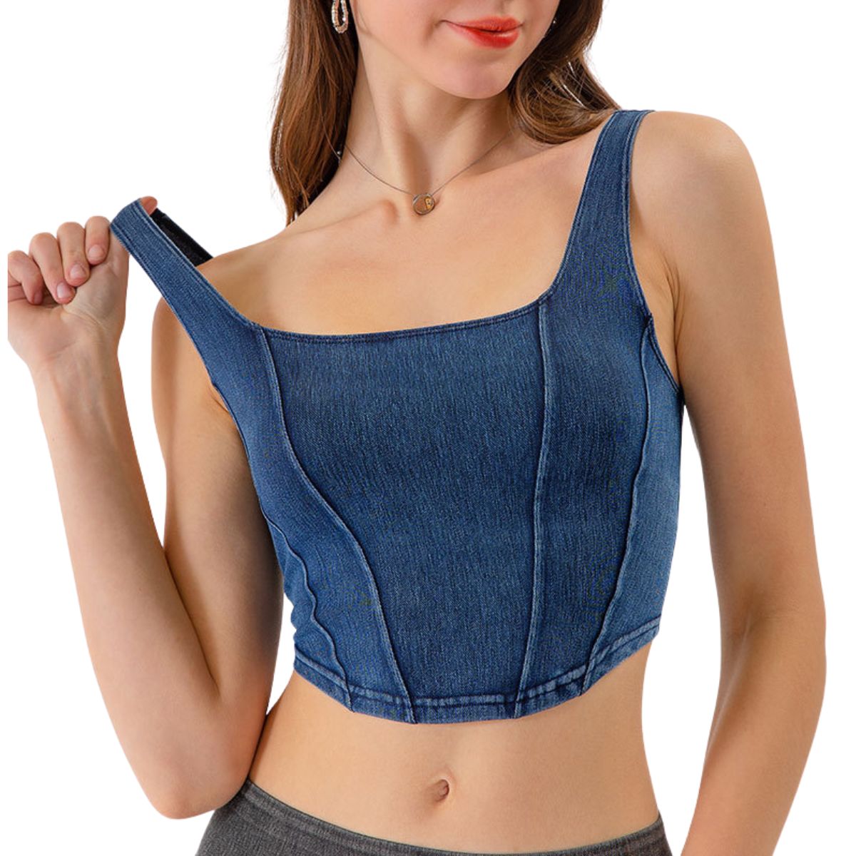 Knit Denim Square Neck Cropped Tank