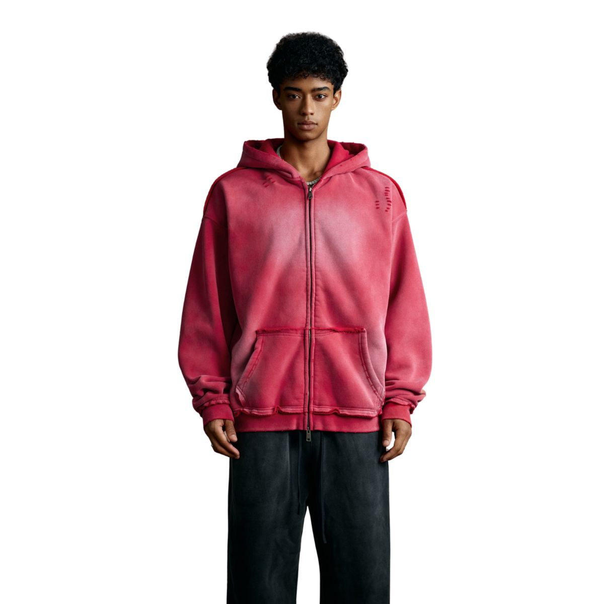 Front-Zip Raw Edge Ripped Hoodie