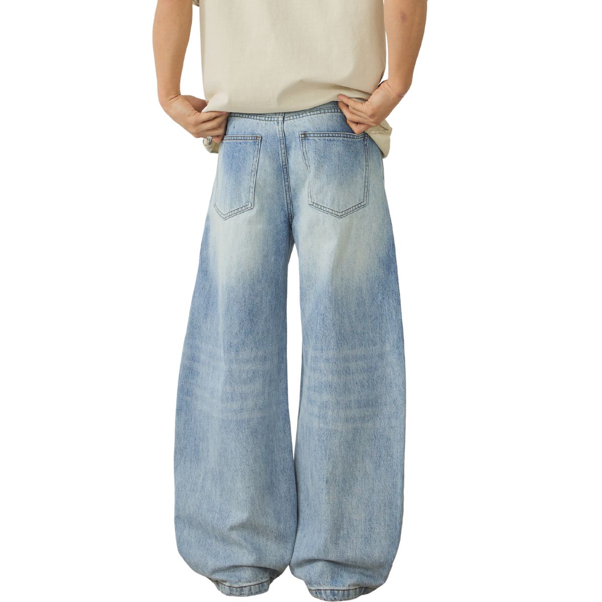 Light Blue Pleated Barrel-Leg Jeans
