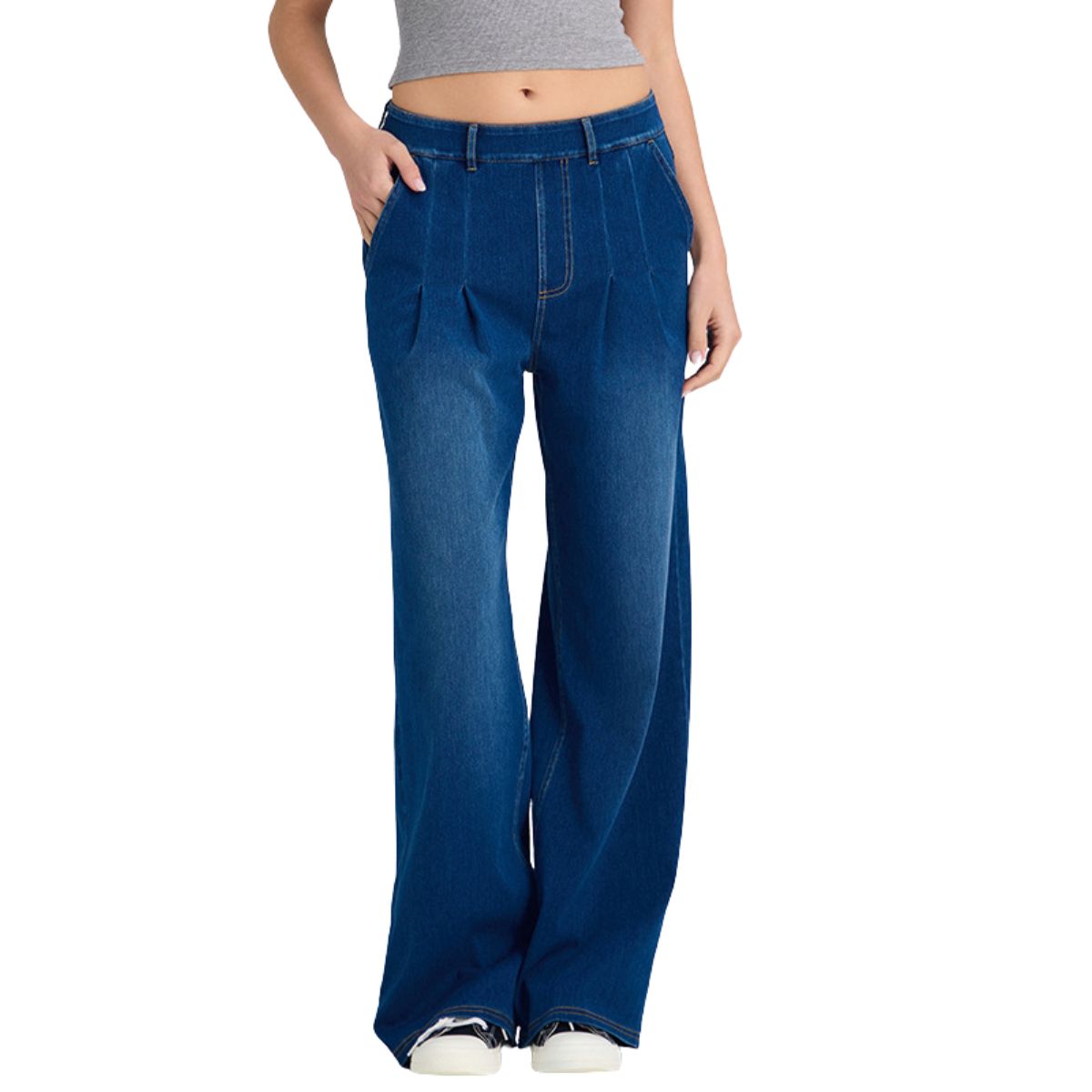 High Waist Vintage Knit Denim Wide Leg Casual Jeans with Pockets