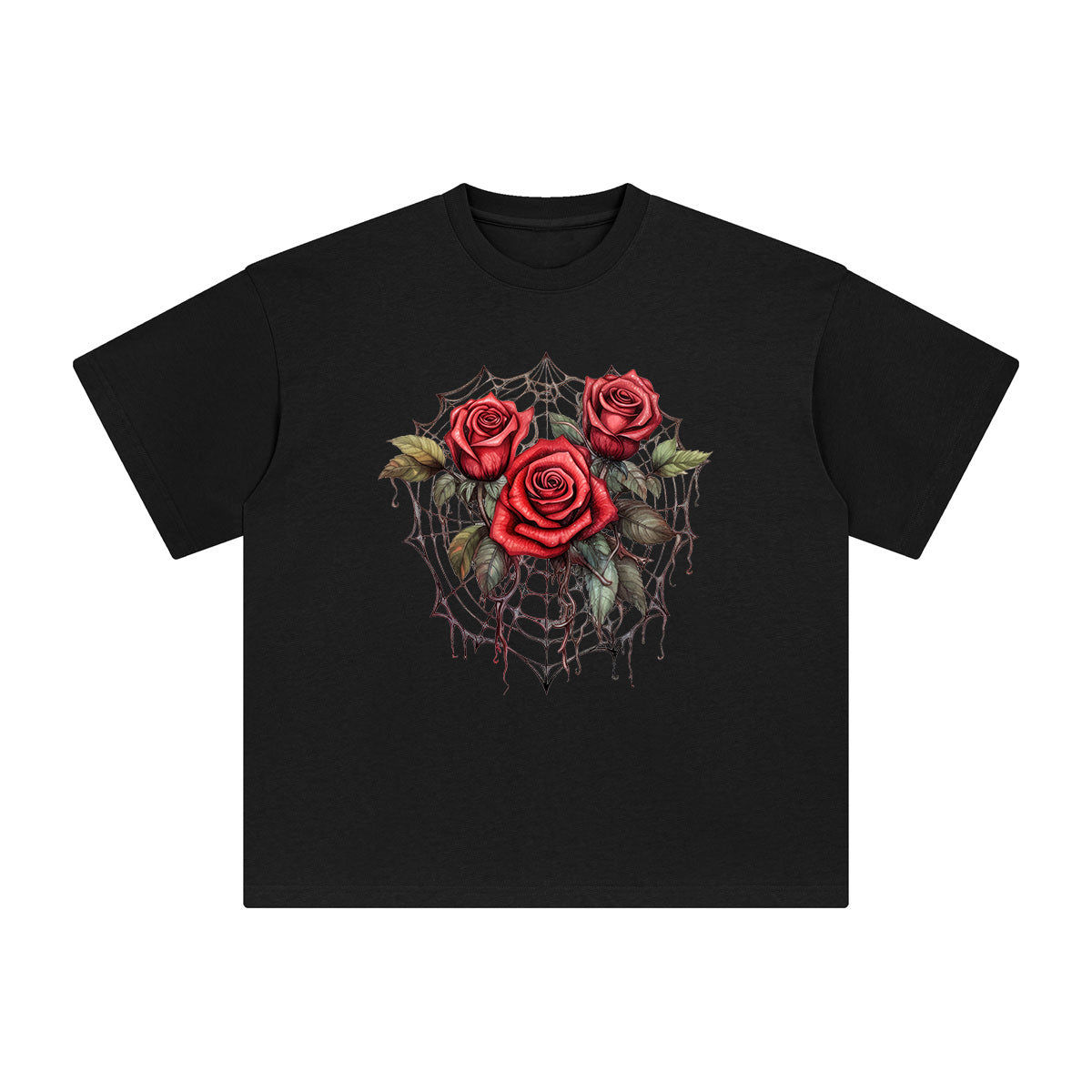 Gothic Spiderweb & Red Roses Graphic Tee-INNBLAC Fashion Apparel