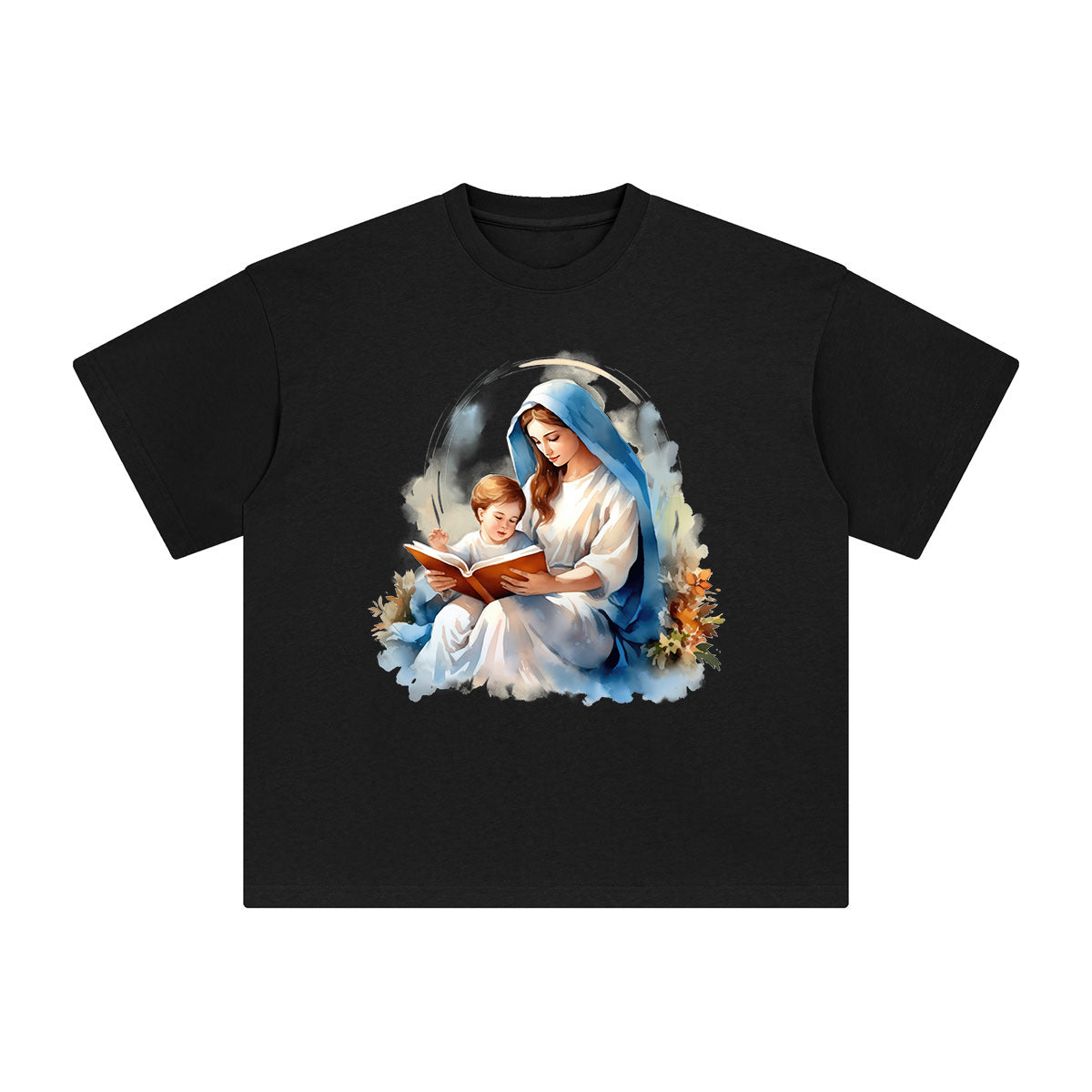 Mother Mary and Jesus Reading Book Graphic Tee-INNBLAC Fashion Apparel