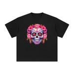 Pink Sugar Skull Flower Graphic Tee-INNBLAC Fashion Apparel