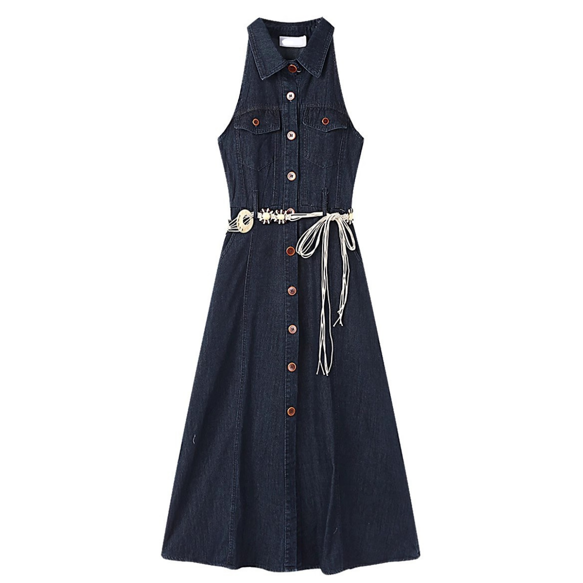 Button-Front Sleeveless Denim Belted Shirt Dress