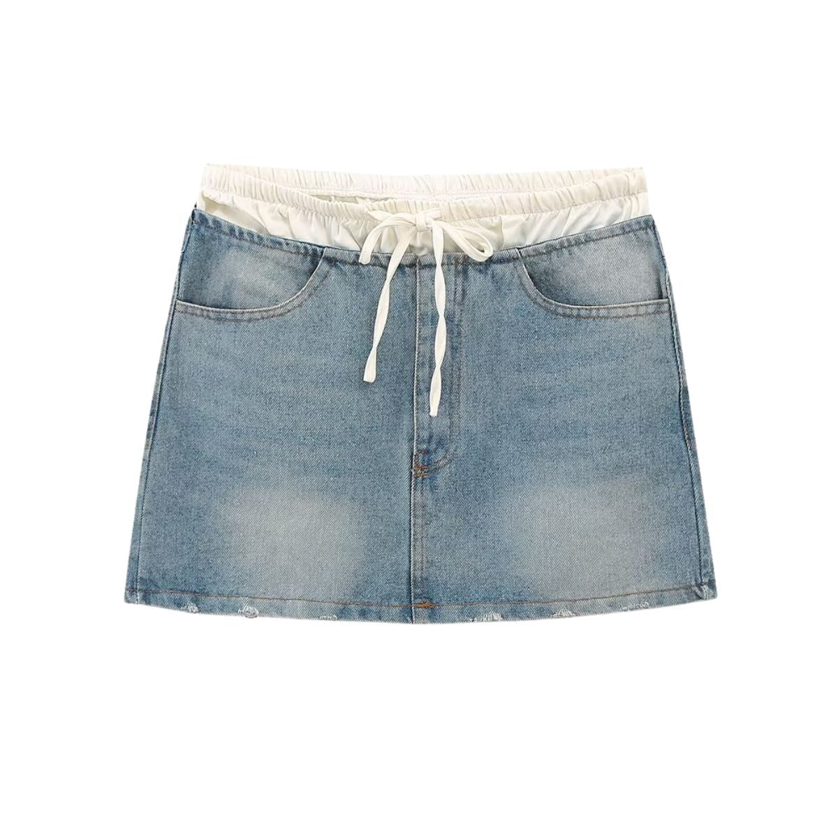 Double Waistband Washed Denim Mini Skirt