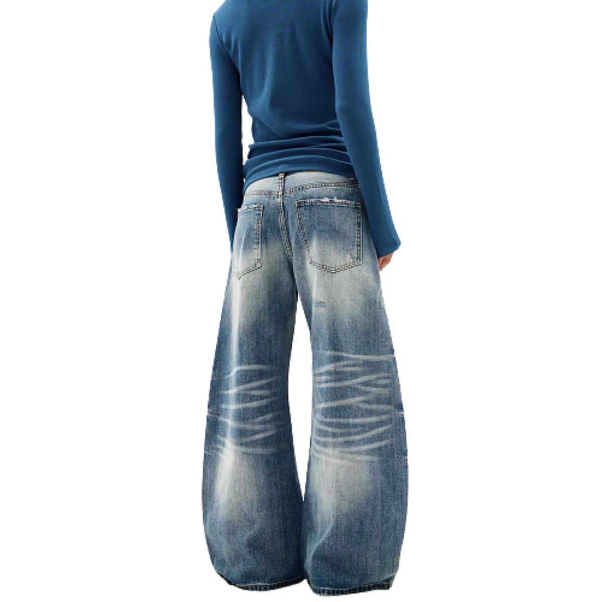 Washed Gradient Distressed Curved Leg Wide Denim Jeans