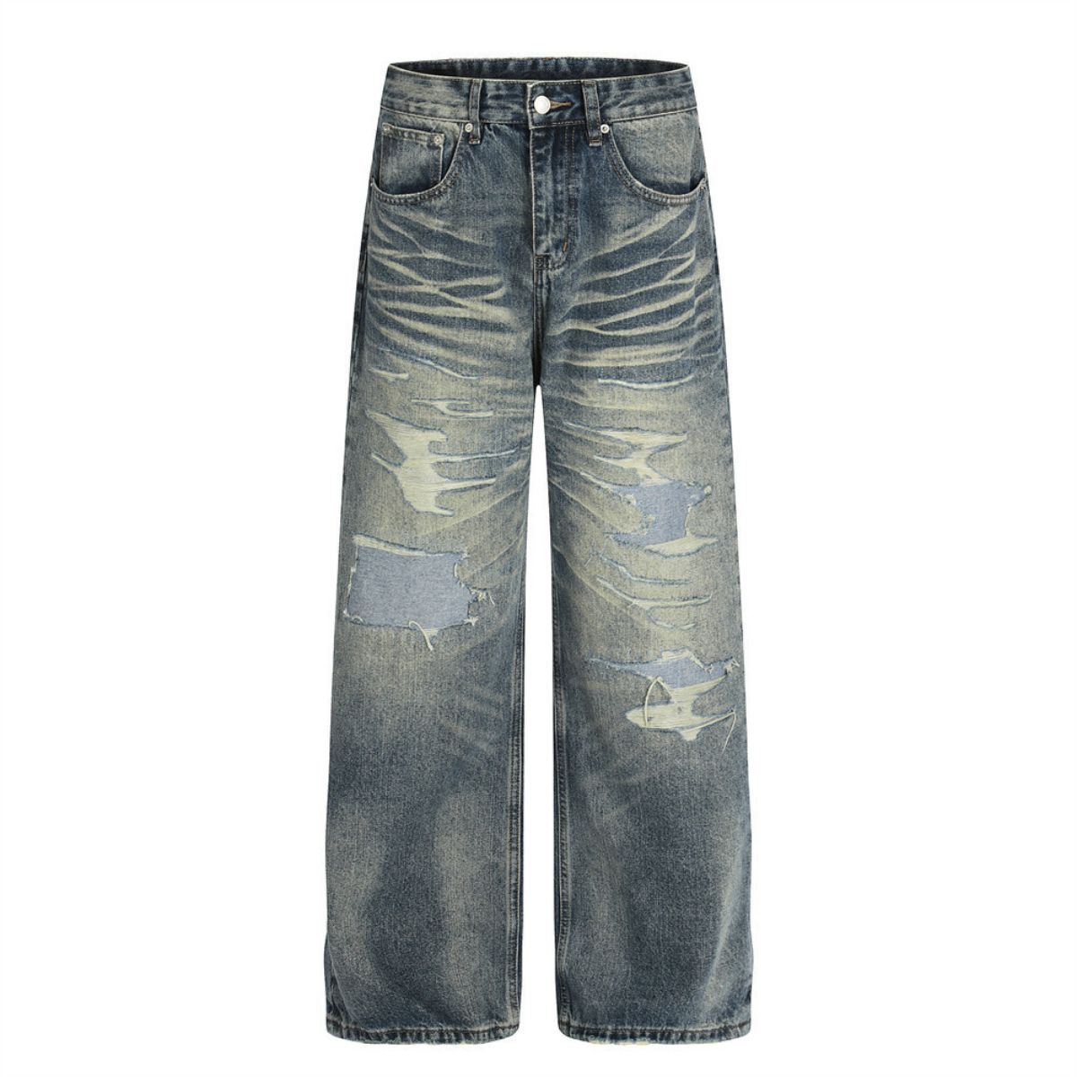 Men's Distressed Gradient Washed Denim Pants Loose Punk Street