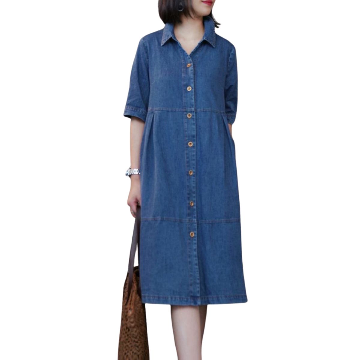 Elbow-Length Sleeve Oversized Denim Midi Dress