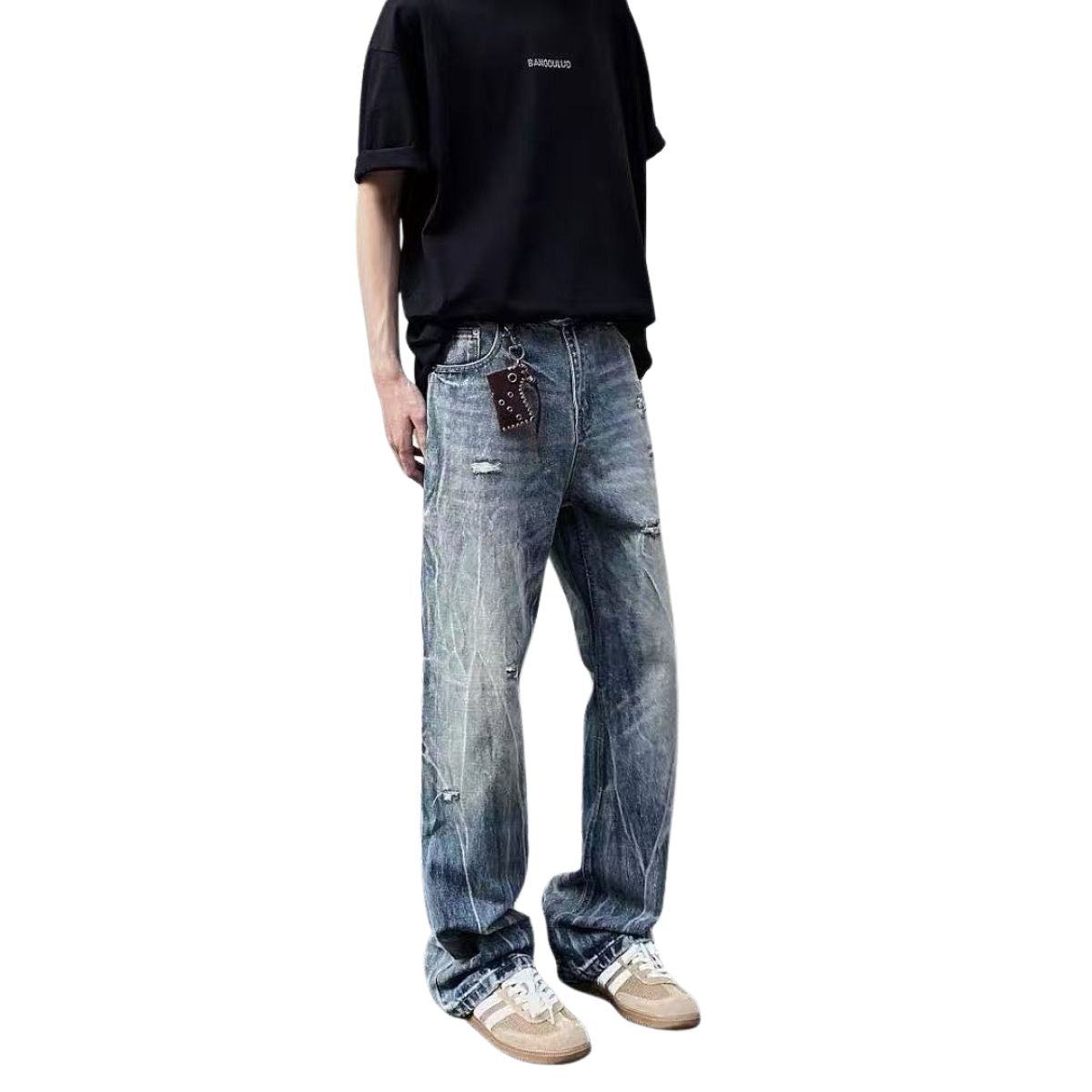 Distressed Fade Relaxed Flare Denim Jeans