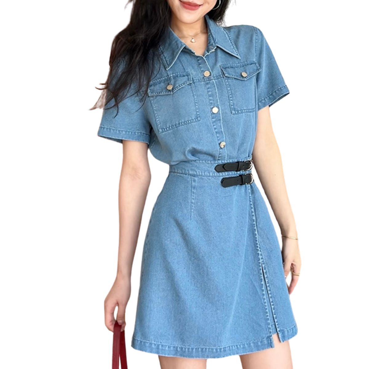 Short-Sleeve Denim Mini Shirtdress