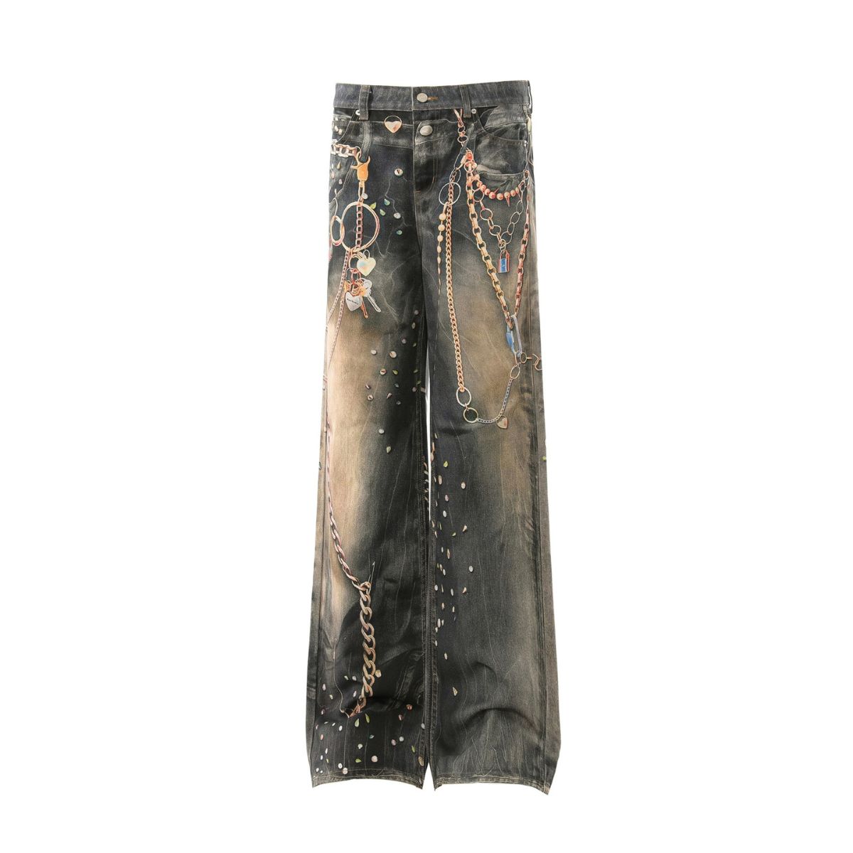 Vintage Washed Chain Graphic Straight Leg Jeans