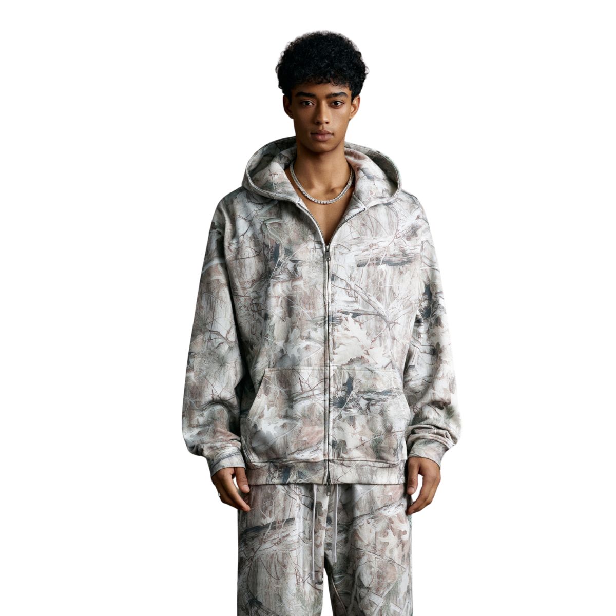Double-Slider Zipper Branch Camouflage Fleece Hoodie