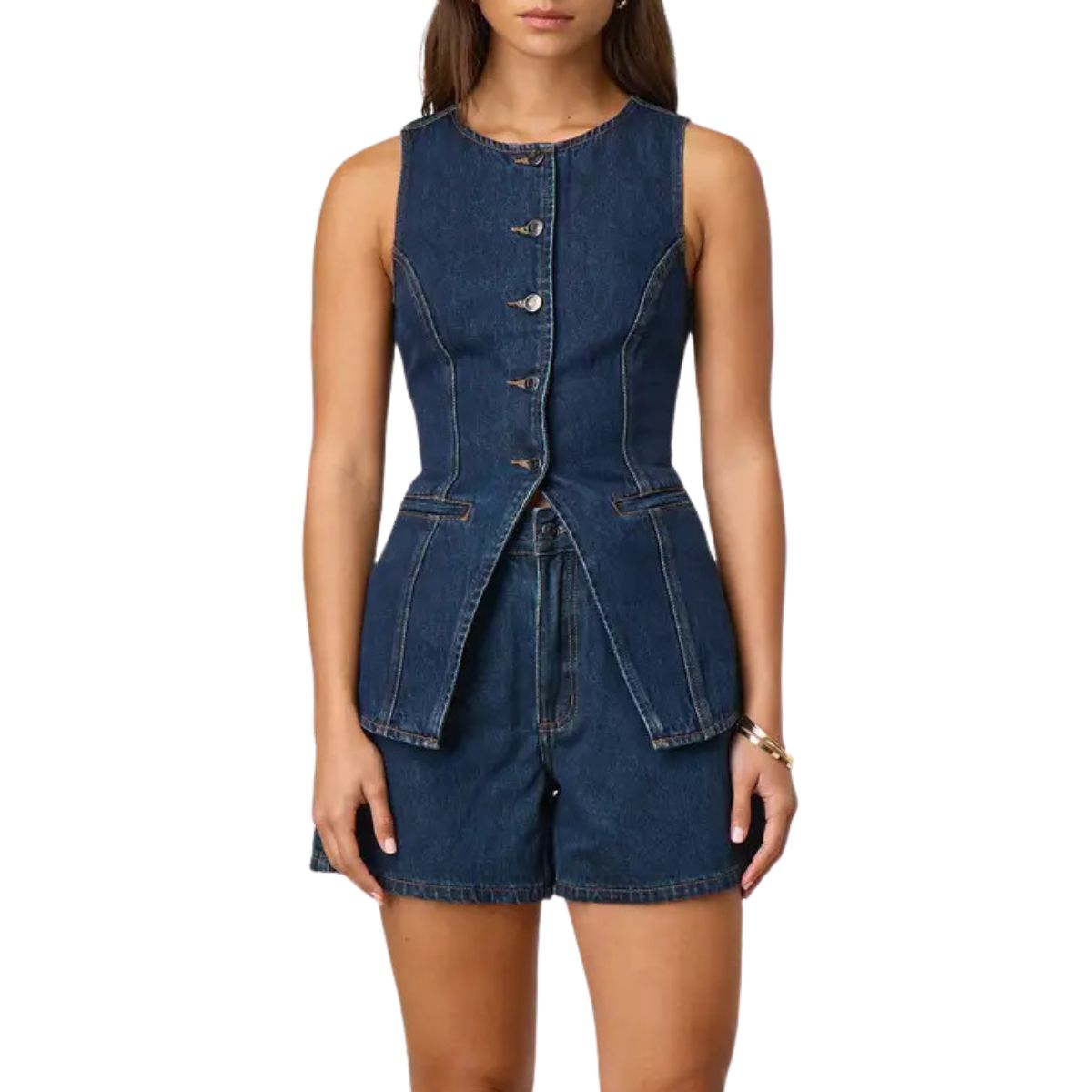 Button-Front Longline Denim Vest