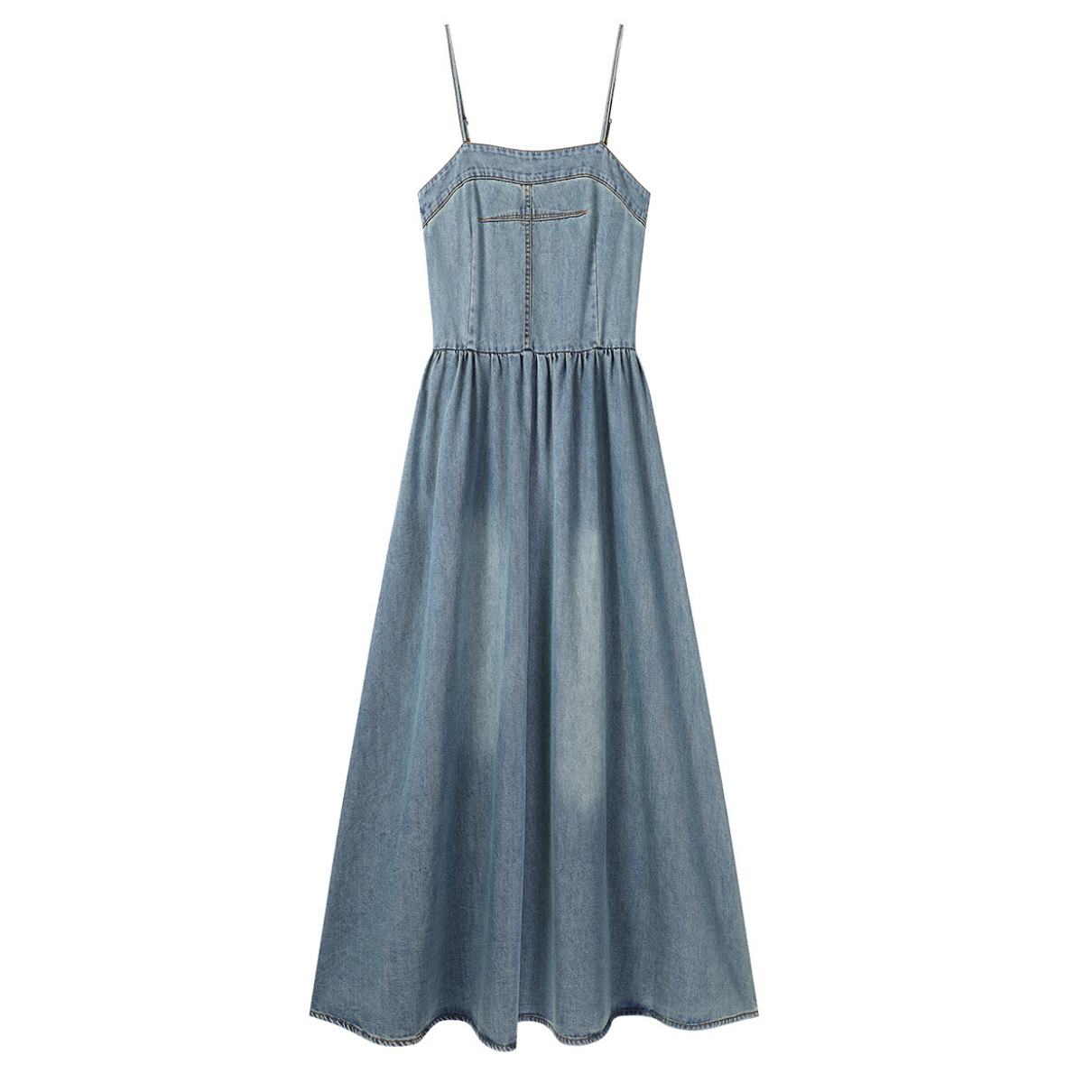 A-Line Denim Spaghetti-Strap Midi Dress