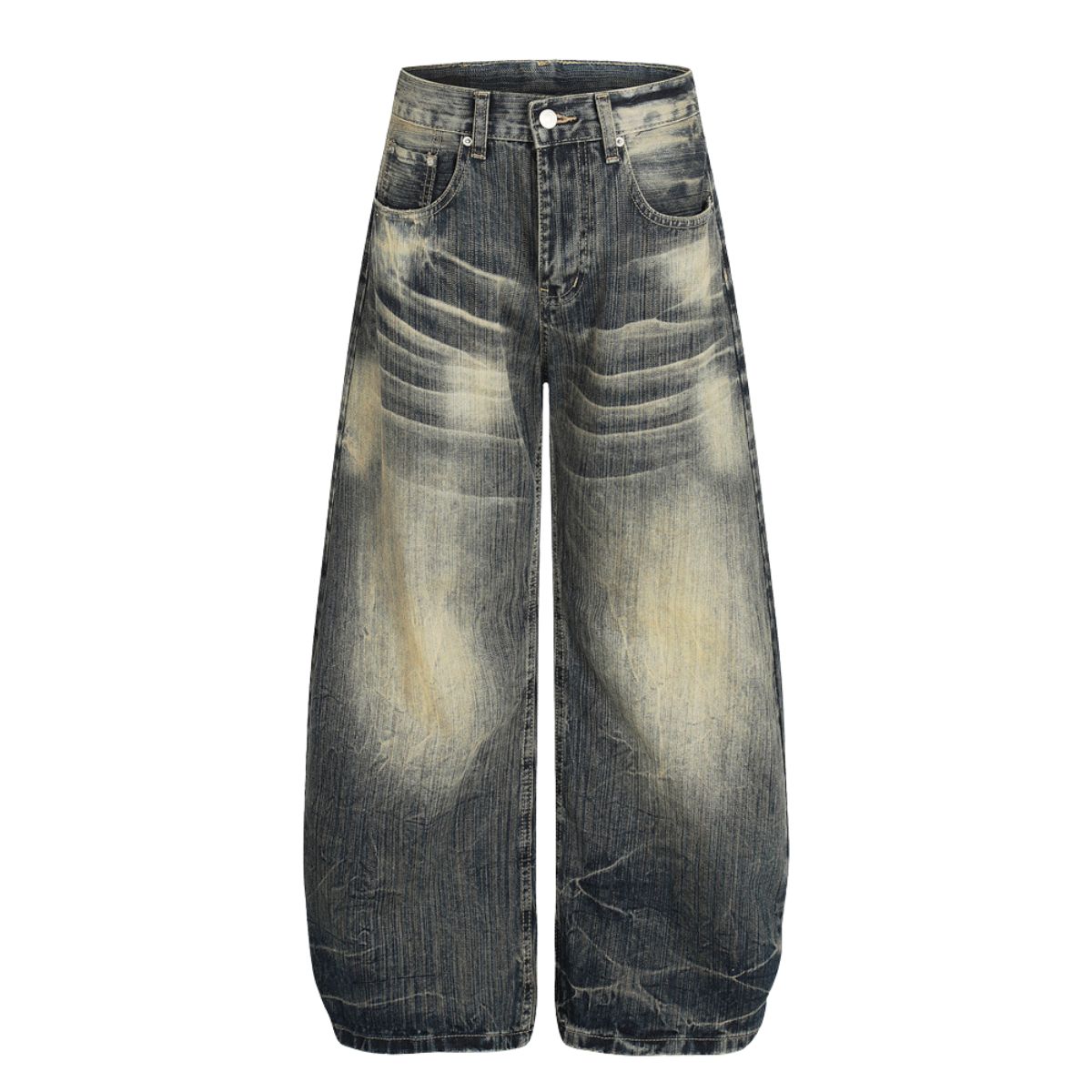 Men's Washed Faded Wide Leg Curved Denim Pants Distressed Punk