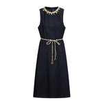 Beaded Neckline Sleeveless Denim Belted Dress