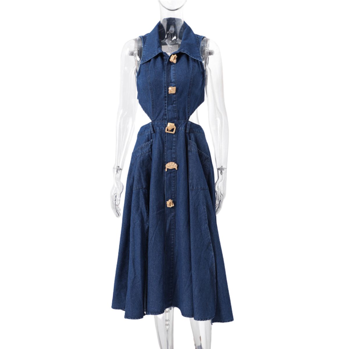 Cut-Out Sleeveless Button-Front Denim Midi Dress