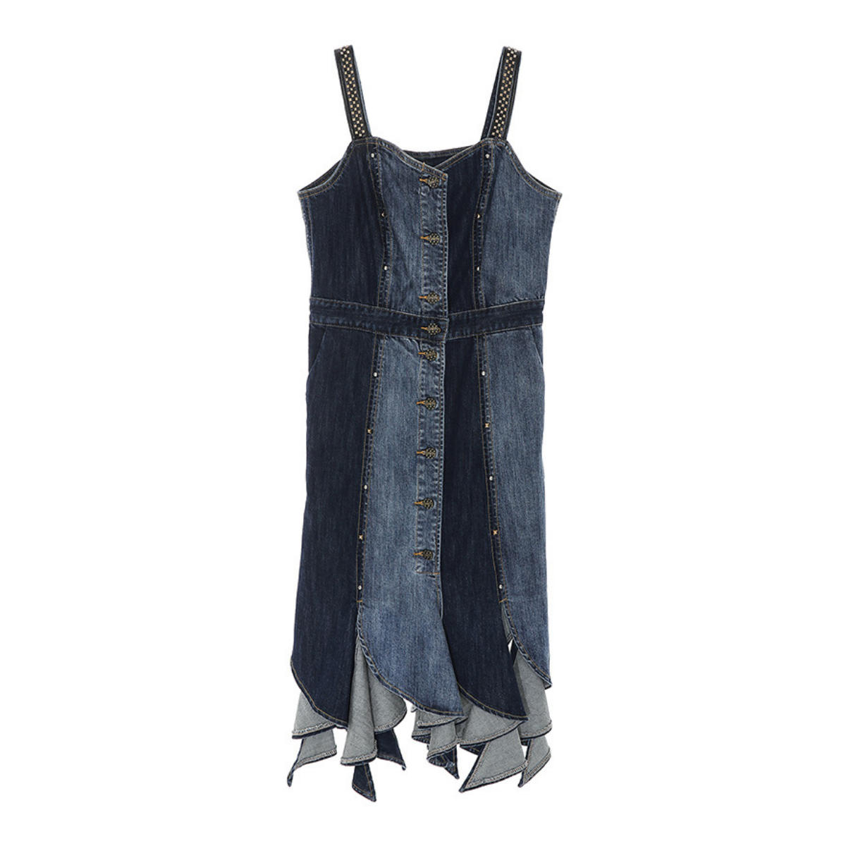 Patchwork Denim Stud-Embellished Midi Dress