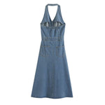 Halter Neck A-Line Denim Midi Dress