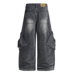 Cargo Wide Leg Distressed Wash Denim Jeans
