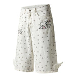 Washed Star Print Wing Detail Relaxed Wide-Leg Cropped Denim Pants