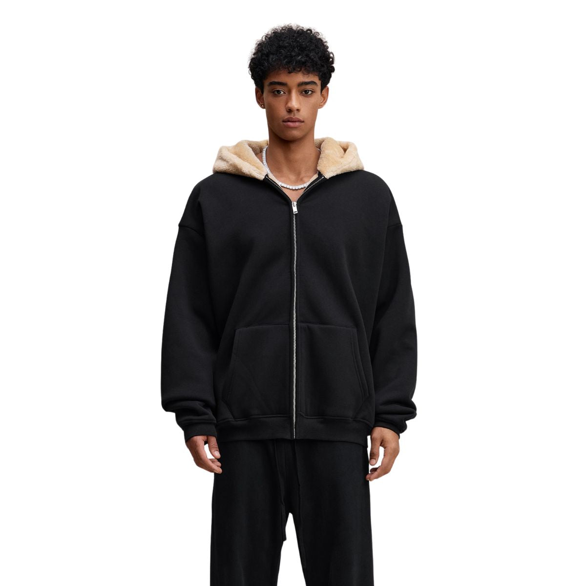 Zip-Up Loose Fit Plush-Lined Hoodie
