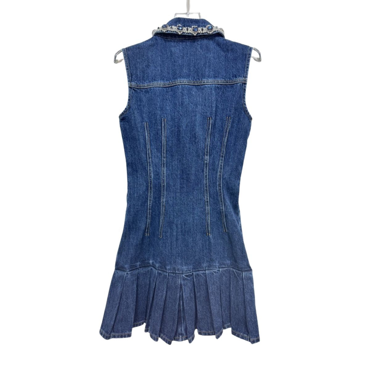 Sleeveless Beaded Denim Pleated Minidress