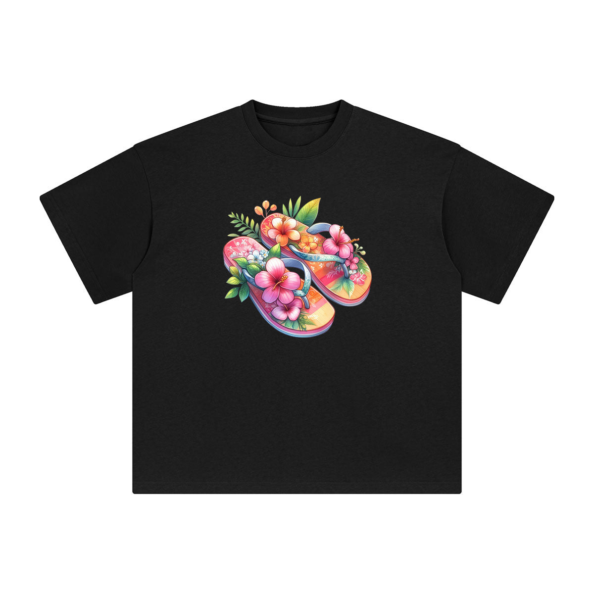 Flower Beach Slippers Comic Graphic Tee-INNBLAC Fashion Apparel