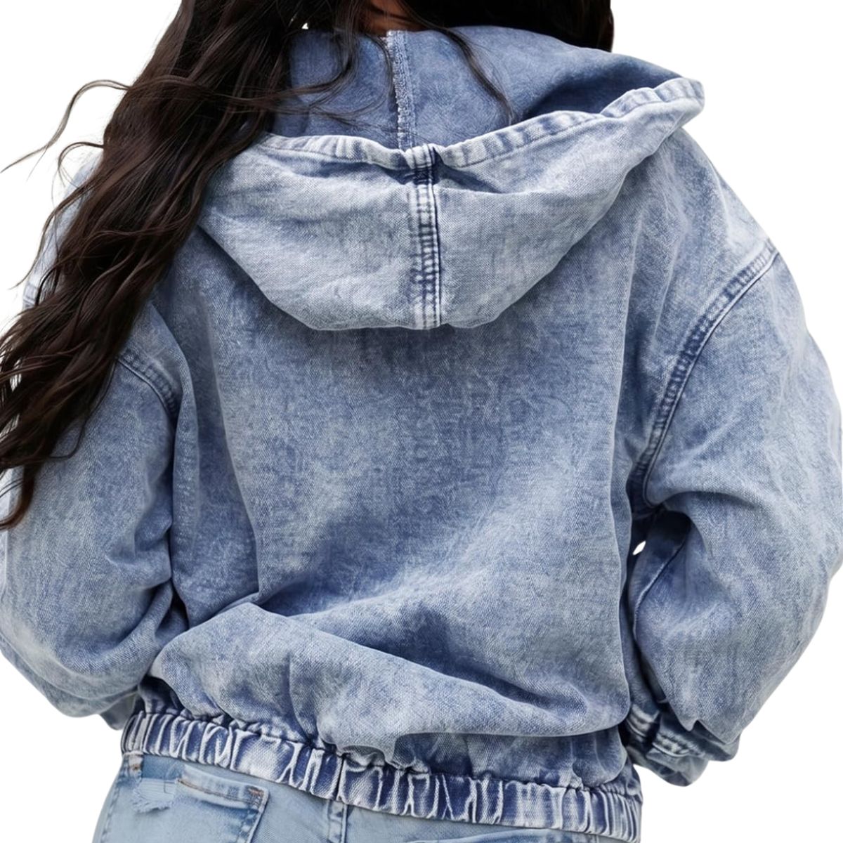 Women's Zip Up Hooded Cropped Denim Jacket