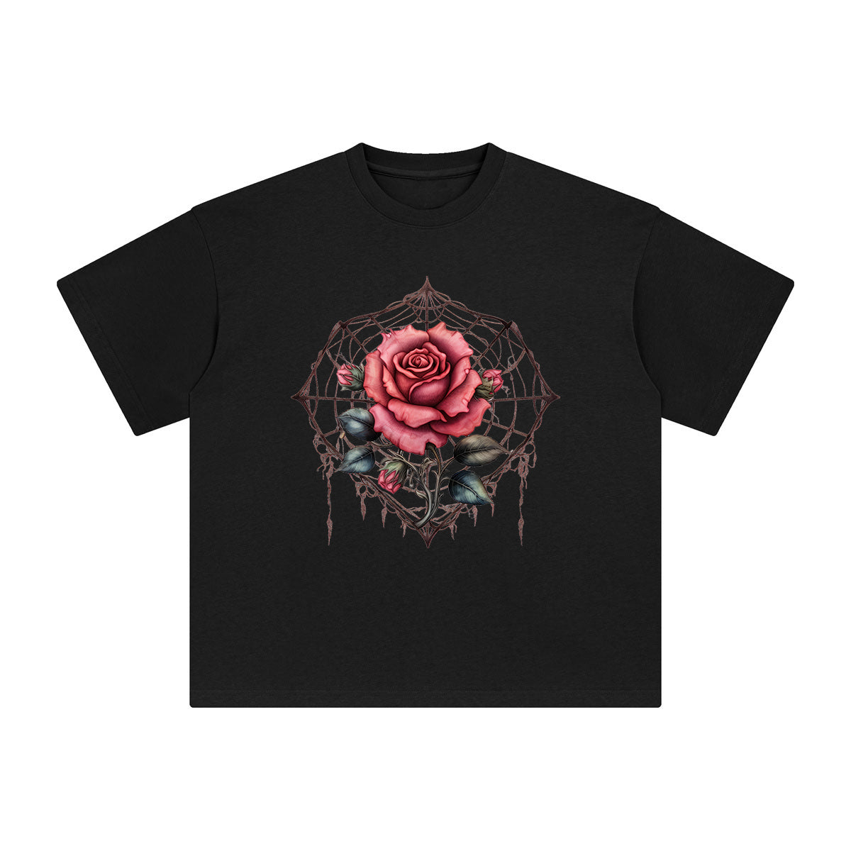 Gothic Spiderweb & Red Rose Graphic Tee-INNBLAC Fashion Apparel