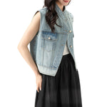 Rhinestone Embellished Washed Denim Vest