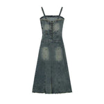 Lace-Up Back Denim Cami Midi Dress