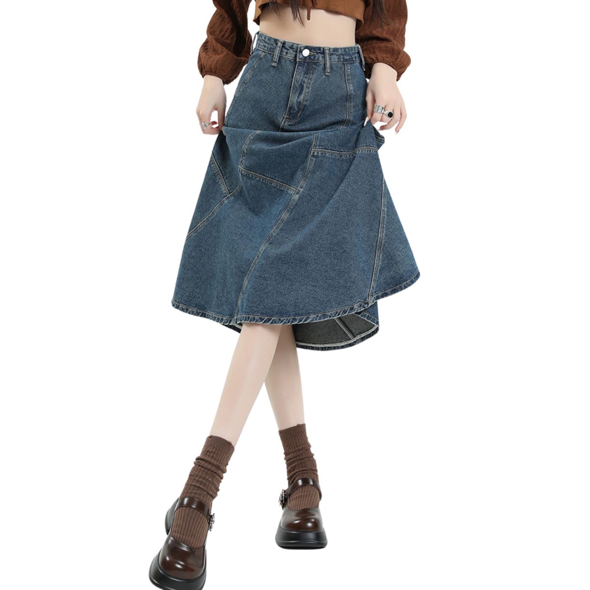 High-Rise Denim Midi Flounce Skirt