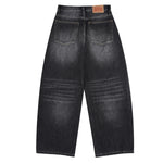 Faded Crackle Wash Baggy Curved Leg Denim Jeans