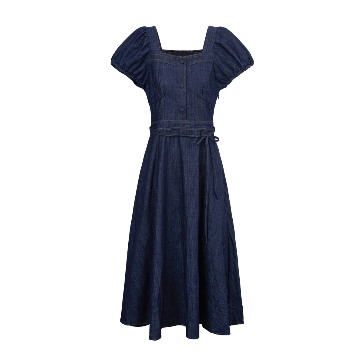Puff Sleeve Square Neck Denim Midi Dress