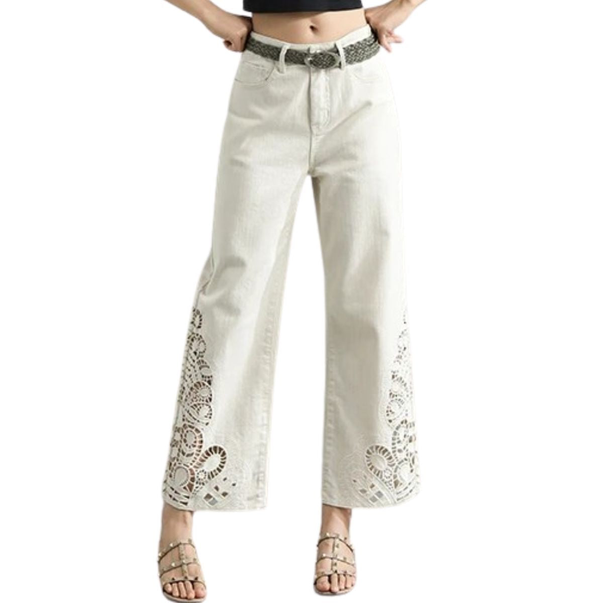 Risen Jeans Wide Leg Embroidered Cut-Out Ankle Jeans