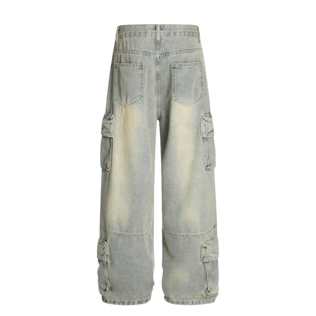 Men's Distressed Washed Denim Cargo Pants Wide Leg Unique Structured