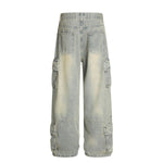 Men's Distressed Washed Denim Cargo Pants Wide Leg Unique Structured