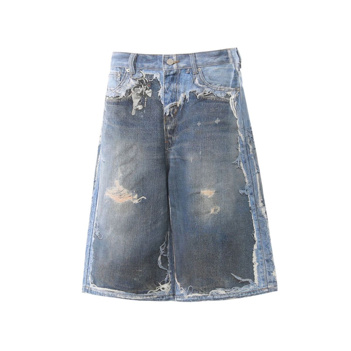Vintage Washed Distressed Denim Bermuda Shorts with Frayed Panels
