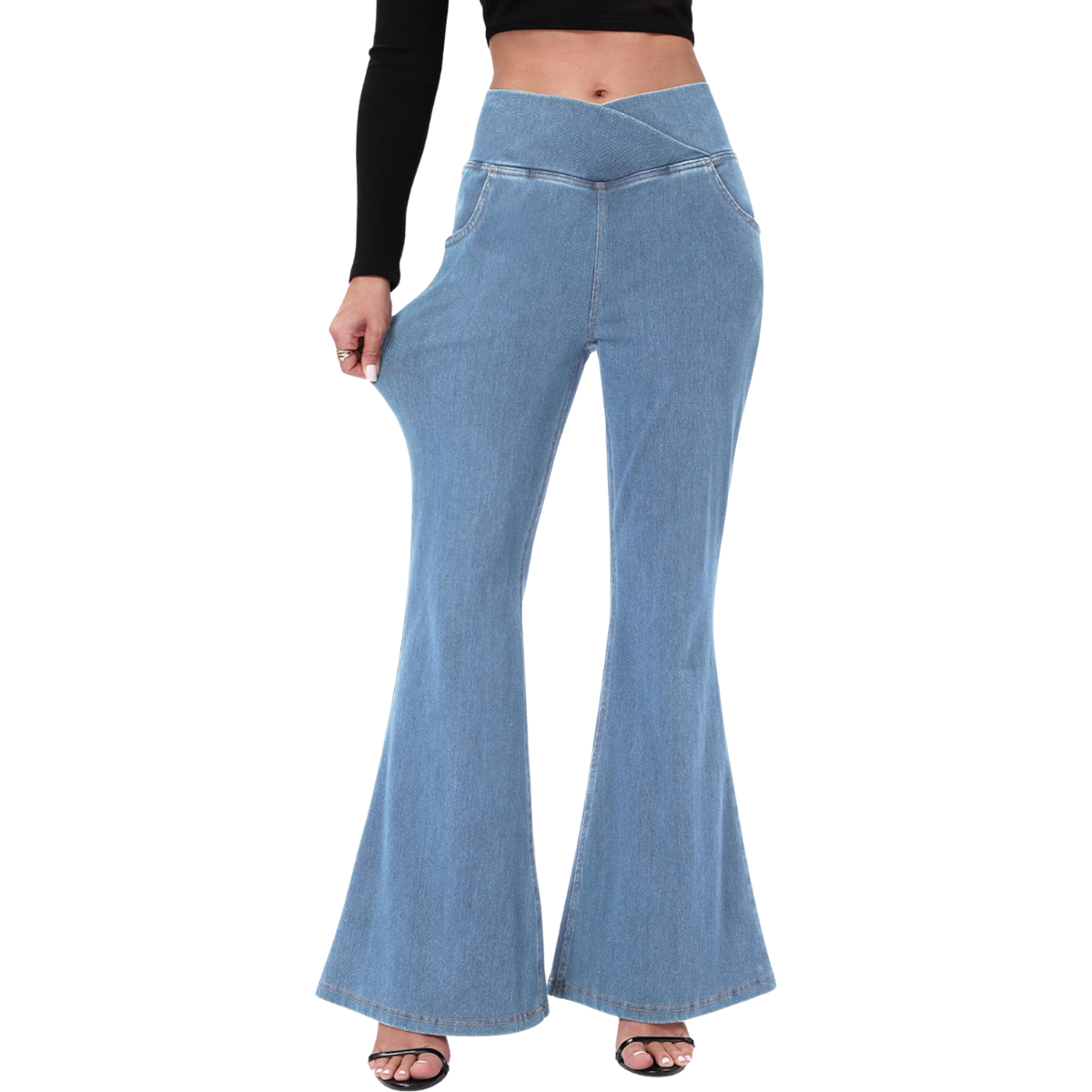 Crossover Waist Stretch Flared Denim Pants
