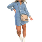 Women's Button Front Long Sleeve Short Denim Dress