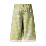 Washed Plaid Graphic Patchwork Bow Detail Relaxed Wide-Leg Capri Denim Pants