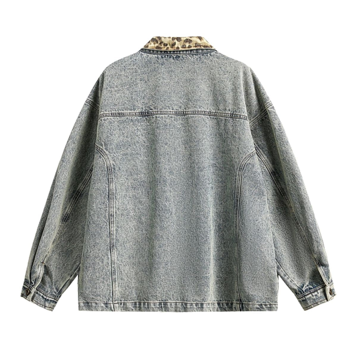 Vintage Streetwear Leopard Print Patchwork Washed Denim Jacket