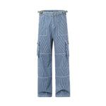Buckle Belt Striped Denim Cargo Jeans-INNBLAC Fashion Apparel